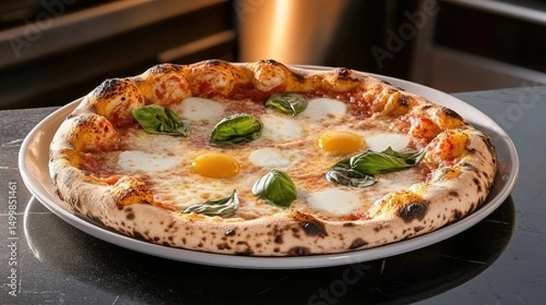 Obraz Deliciously Baked Pizza on a Plate with Fresh Ingredients and Toppings