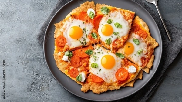 Obraz Delicious Breakfast Plate Featuring Fresh Eggs Tomatoes and Greens Delight