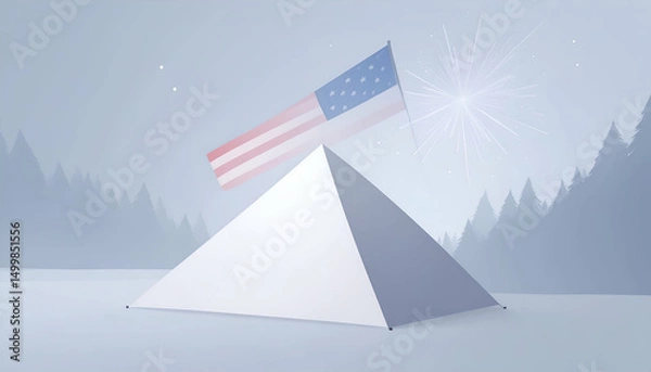 Fototapeta American flag atop a geometric pyramid against a stylized forest backdrop.