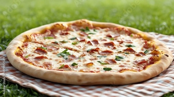 Obraz Delicious Pizza on Checkered Cloth Set Against Lush Green Grass Field