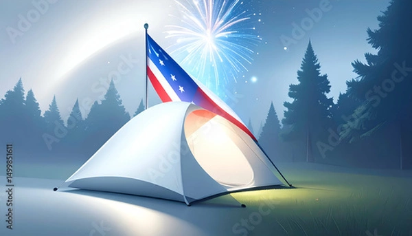 Fototapeta A tent with an american flag set in a forest with fireworks.