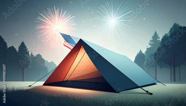 Fototapeta A tent glows under a starlit sky in a forest setting.