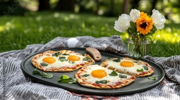 Obraz Deliciously Crafted Pizzas on a Cozy Blanket Perfect for Sharing Moments