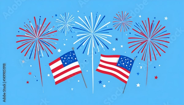 Fototapeta American flags and fireworks explode against a blue background celebrating a holiday.