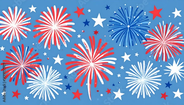 Fototapeta Fireworks explode with red white and blue colors against a light blue background.