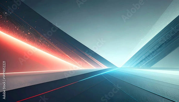 Fototapeta Abstract geometric design with red and blue light streaks intersecting on a dark background.
