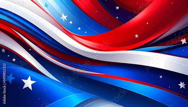 Fototapeta Abstract patriotic background with flowing red white and blue ribbons and stars.