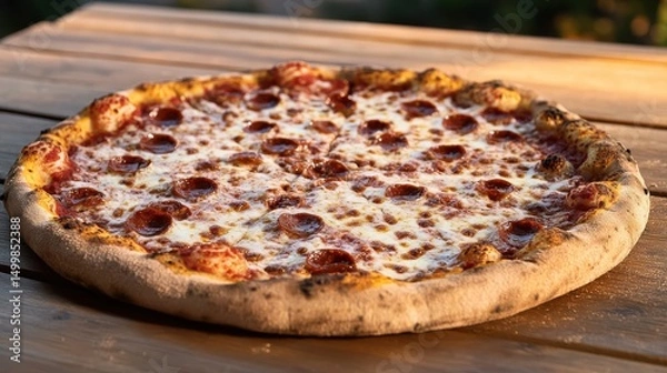 Obraz Deliciously Baked Pizza on Rustic Wooden Table Surrounded by Fresh Herbs
