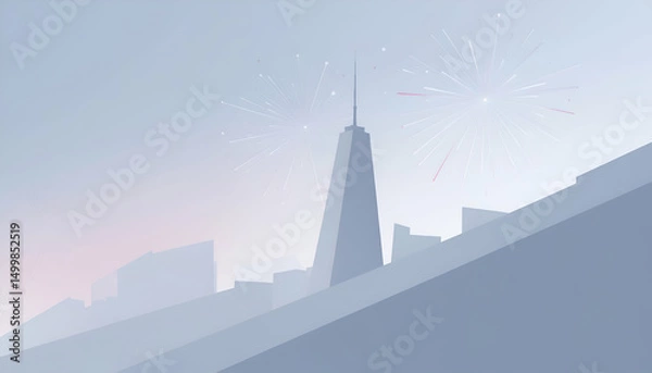 Fototapeta Abstract illustration of a tall building in a cityscape with a hazy sky.
