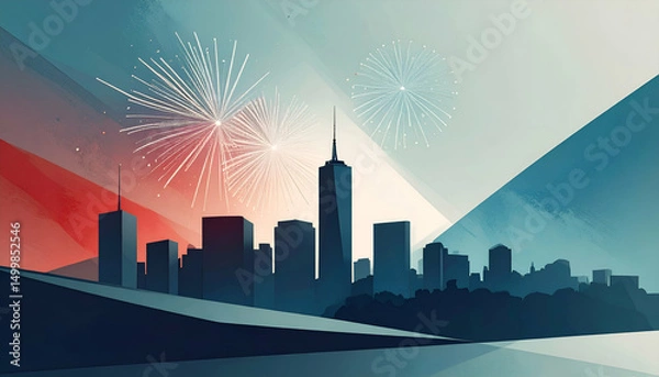 Fototapeta Silhouette of a city skyline with fireworks and mountains in the background.