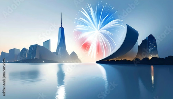 Fototapeta Futuristic city skyline with abstract light display over water under a blue sky.