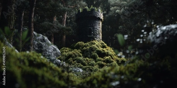Obraz Eerie Stone Tower in Mossy Forest Setting
