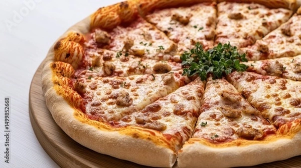 Obraz Delicious Pizza Topped with Savory Meat and Melted Cheese on Wooden Board