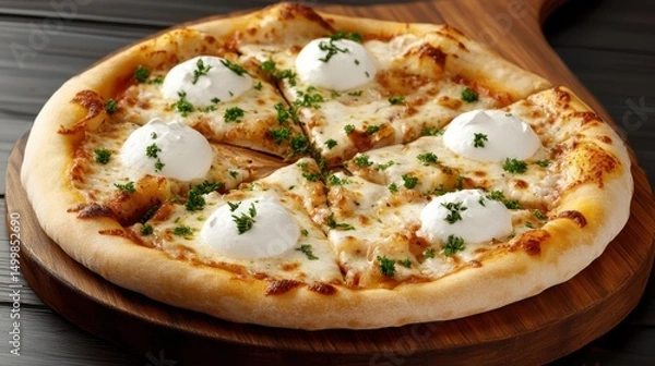 Obraz Delicious Pizza with Melted Cheese Served on Rustic Wooden Board