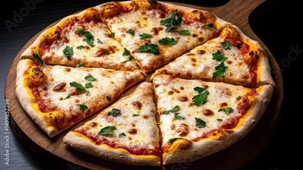 Obraz Deliciously Fresh Pizza Topped with Cheese and Sauce on Wooden Board