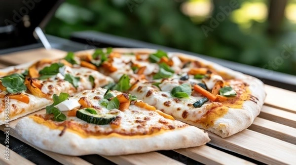 Obraz Delicious Pizza Topped with Cheese and Colorful Peppers Freshly Baked