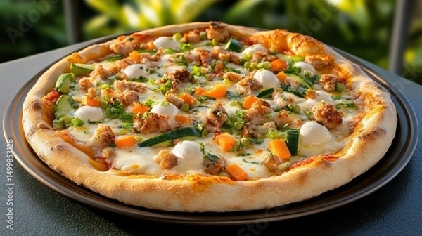 Obraz Delicious Pizza Topped with Savory Meat Cheese and Fresh Vegetables