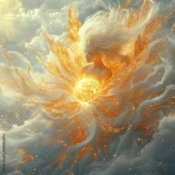 Fototapeta Mystic Deity of Light: A celestial being amidst ethereal clouds, radiating golden energy, holding a luminous orb, embodying serenity and divine power.
