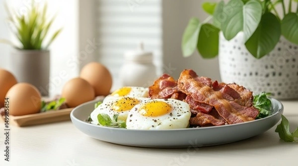 Obraz Delicious Breakfast Plate with Eggs Crispy Bacon and Fresh Greens Served