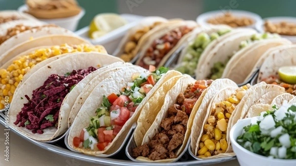 Obraz Deliciously Plated Tacos with Fresh Ingredients and Vibrant Colorful Garnishes