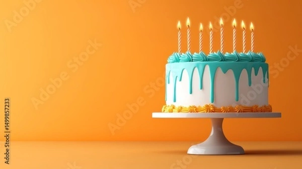 Fototapeta A Delightful Birthday Cake with Turquoise Icing and Eight Candles
