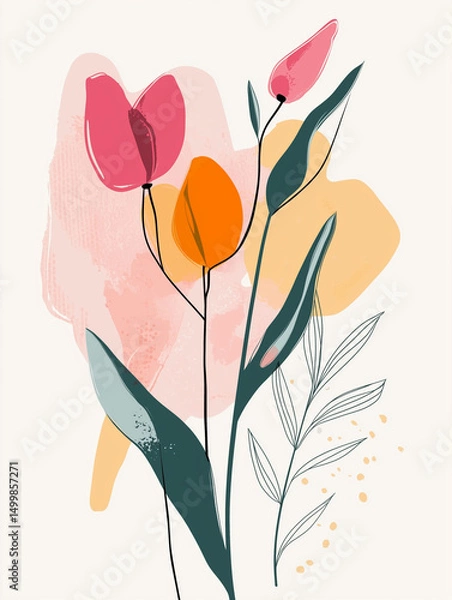 Fototapeta Minimal floral illustration with soft translucent petals and delicate linework – a modern and elegant botanical design, perfect for stationery, decor, and seasonal creative projects.