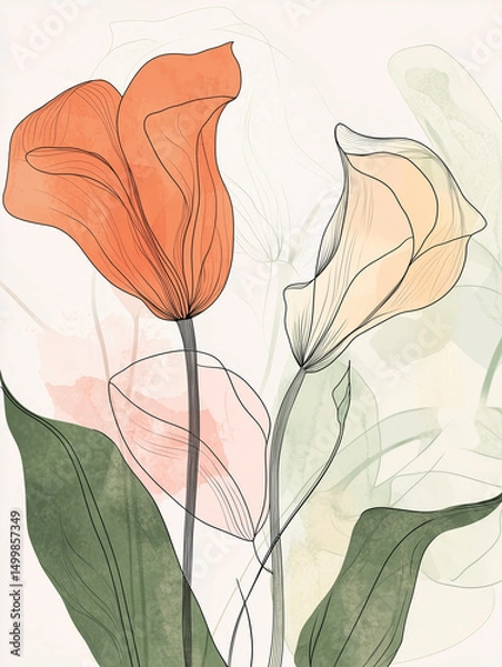 Fototapeta Minimal floral illustration with soft translucent petals and delicate linework – a modern and elegant botanical design, perfect for stationery, decor, and seasonal creative projects.