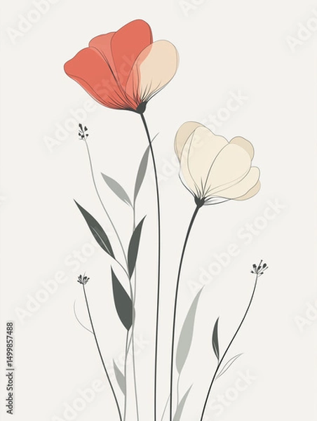 Fototapeta Minimal floral illustration with soft translucent petals and delicate linework – a modern and elegant botanical design, perfect for stationery, decor, and seasonal creative projects.