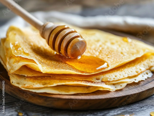 Fototapeta Golden crepes are stacked and drizzled with glistening honey