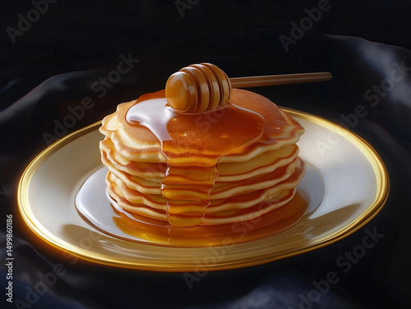 Fototapeta A wooden honey dipper rests on a stack of warm pancakes