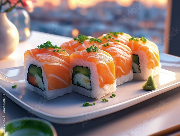 Fototapeta Delicious salmon sushi rolls beautifully presented