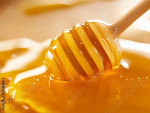 Fototapeta Golden, viscous honey glistening on a wooden dipper, invitingly sweet