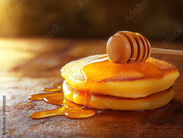 Fototapeta Golden honey dripping onto a stack of fluffy pancakes, creating a tempting breakfast scene