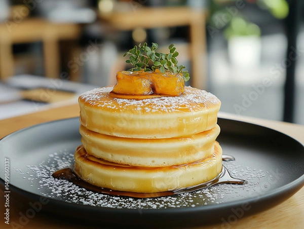 Fototapeta Golden-brown fluffy pancakes, stacked high and drizzled with syrup, dusted with powdered sugar and topped with a glistening fruit garnish