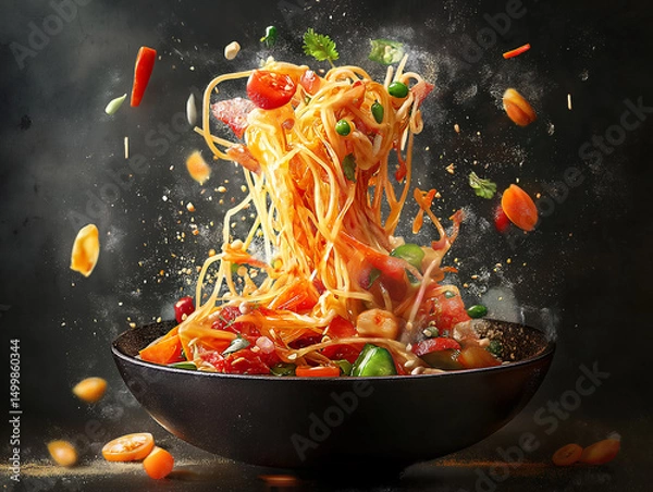 Fototapeta Explosion of vibrant spaghetti and vegetables in mid-air, captured in a dynamic food shot