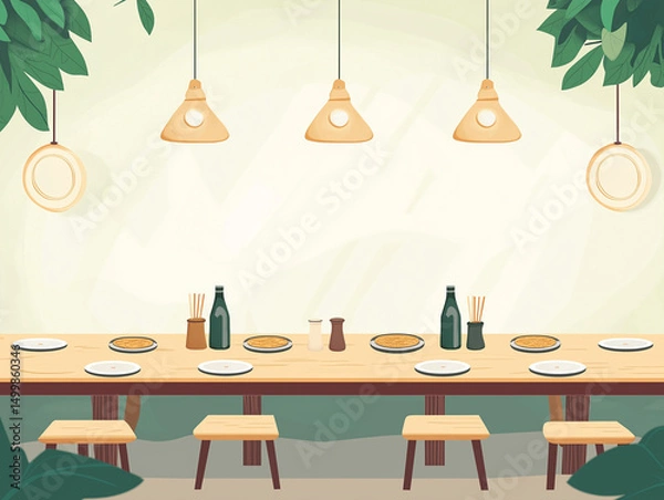 Fototapeta Clean and inviting restaurant interior with a long table, ready for a gathering