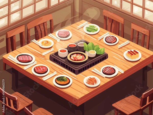 Fototapeta Traditional Korean BBQ table setting with various meats, banchan, and grill, ready for a shared dining experience