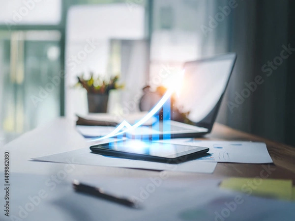 Fototapeta 2026 A professionally lit office desk with paper documents and a glowing arrow illustration emerging from a tablet screen, symbolizing digital transformation and revenue growth.