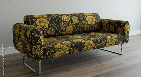 Obraz Stylish sofa with black and gold floral upholstery in Khokhloma style on the background of a modern wall