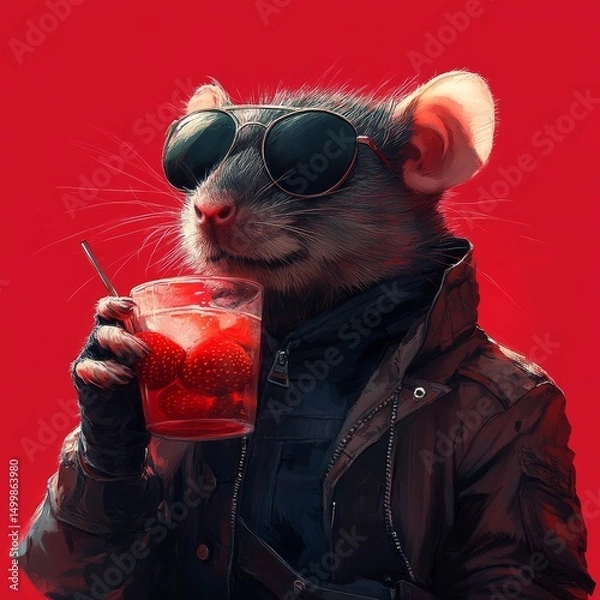 Fototapeta A Cool Rat Sipping a Strawberry Drink: A stylized image of an anthropomorphic rat with sunglasses, wearing a jacket, enjoying a refreshing beverage with a red background.