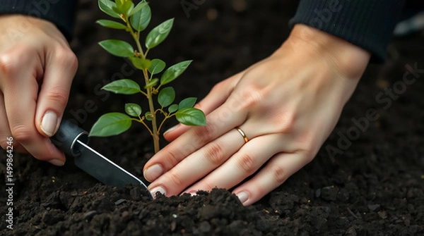 Fototapeta Hands Planting a Young Sapling in Fresh Soil Depicting Growth and Nature