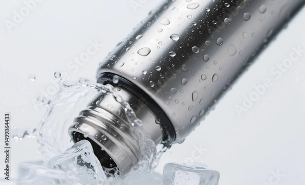 Obraz Stainless Steel Reusable Water Bottle with Ice Splash and Condensation Droplets on Cold Metal Surface