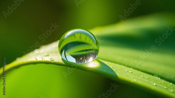 Fototapeta Close-Up of Dewdrop on Green Leaf in Morning Light
