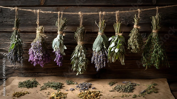Obraz Overhead View of Dried Herb Bundles Hanging from Rope with Loose Lavender and Sage on Rustic Wooden Background