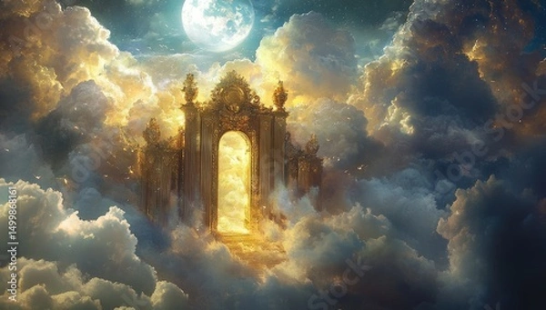 Obraz Golden gate to heaven, clouds, moon