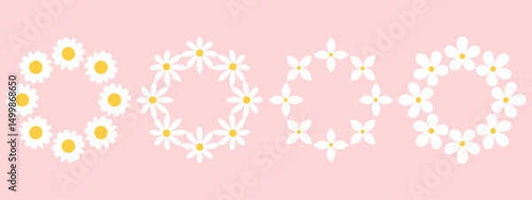 Fototapeta Set of round frames with white groovy daisy flowers on pink background. Retro geometric spring flowers. Clockwork simple set of flowers. For greeting card, poster, banner, social networks.