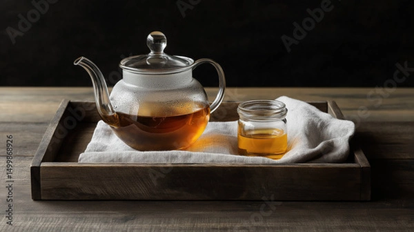 Fototapeta A dynamic commercial-ready capture vibrant gastronomic spread: a colorful collection of teaware, serveware, and beverages - green tea, oolong, hōjicha, kombucha, coffee, juice, grog, mate, bancha,.