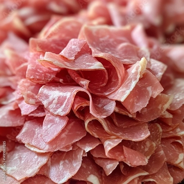Fototapeta Pile of Delicious Prosciutto Ham Slices Close-Up, Perfect for Charcuterie Boards and Appetizers: A Tempting Display of Cured Meat