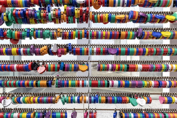 Fototapeta Colorful display of various keychain tags umeda sky building osaka japan