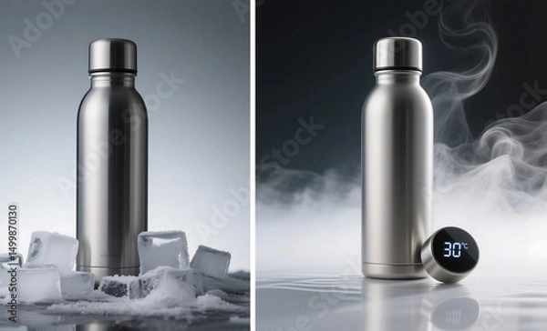 Obraz Insulated Stainless Steel Water Bottle Temperature Test Showing Cold Ice Cubes and Hot Steam Split Display